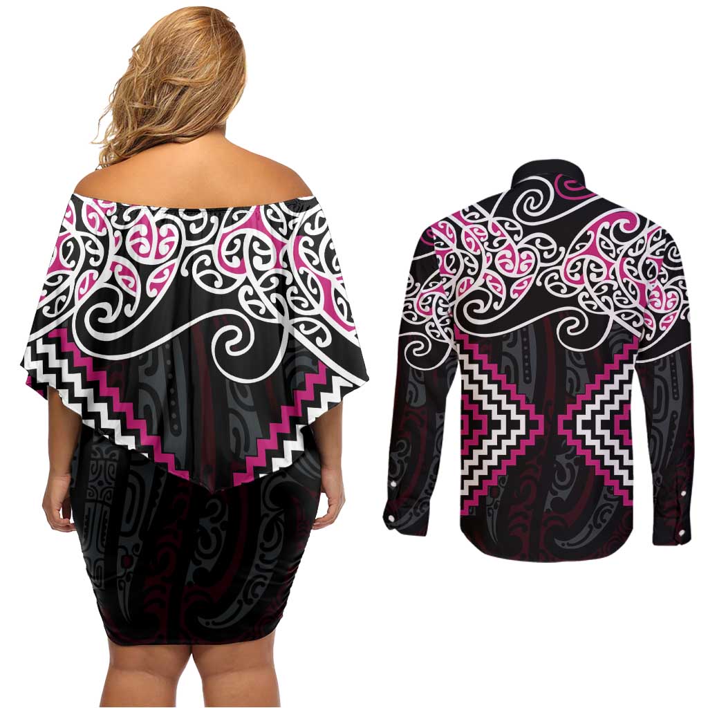 Pink Aotearoa Tukutuku Manawa Tapu Couples Matching Off Shoulder Short Dress and Long Sleeve Button Shirt Ta Moko Toi Maori