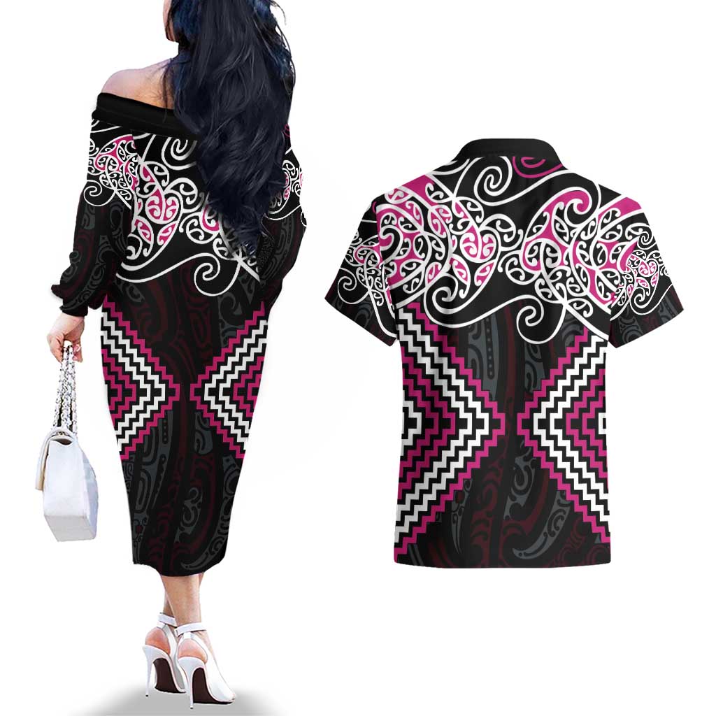 Pink Aotearoa Tukutuku Manawa Tapu Couples Matching Off The Shoulder Long Sleeve Dress and Hawaiian Shirt Ta Moko Toi Maori