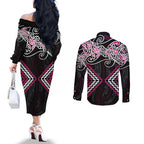 Pink Aotearoa Tukutuku Manawa Tapu Couples Matching Off The Shoulder Long Sleeve Dress and Long Sleeve Button Shirt Ta Moko Toi Maori