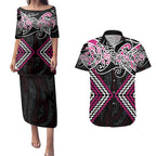 Pink Aotearoa Tukutuku Manawa Tapu Couples Matching Puletasi and Hawaiian Shirt Ta Moko Toi Maori