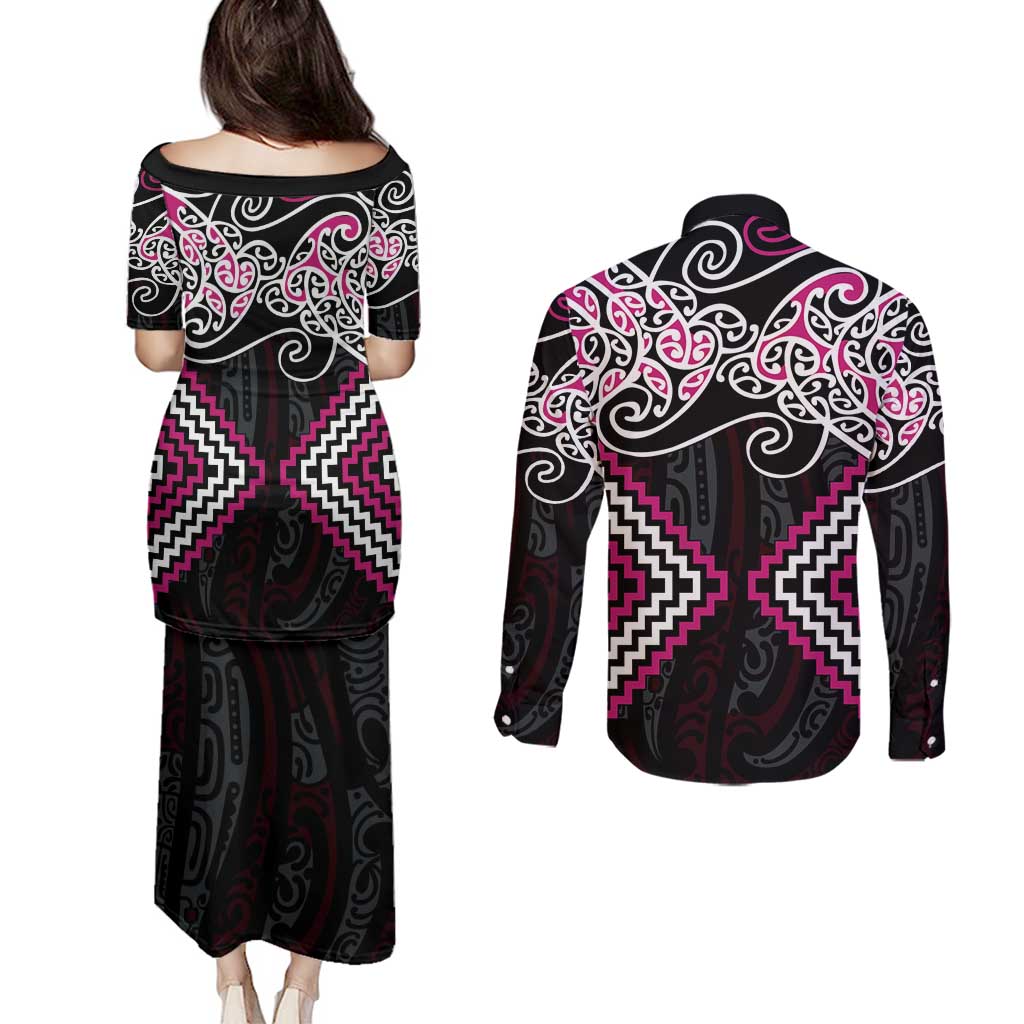Pink Aotearoa Tukutuku Manawa Tapu Couples Matching Puletasi and Long Sleeve Button Shirt Ta Moko Toi Maori