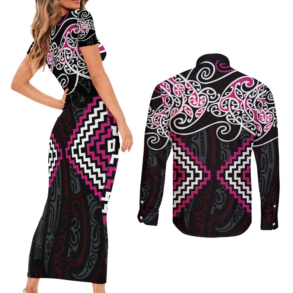Pink Aotearoa Tukutuku Manawa Tapu Couples Matching Short Sleeve Bodycon Dress and Long Sleeve Button Shirt Ta Moko Toi Maori