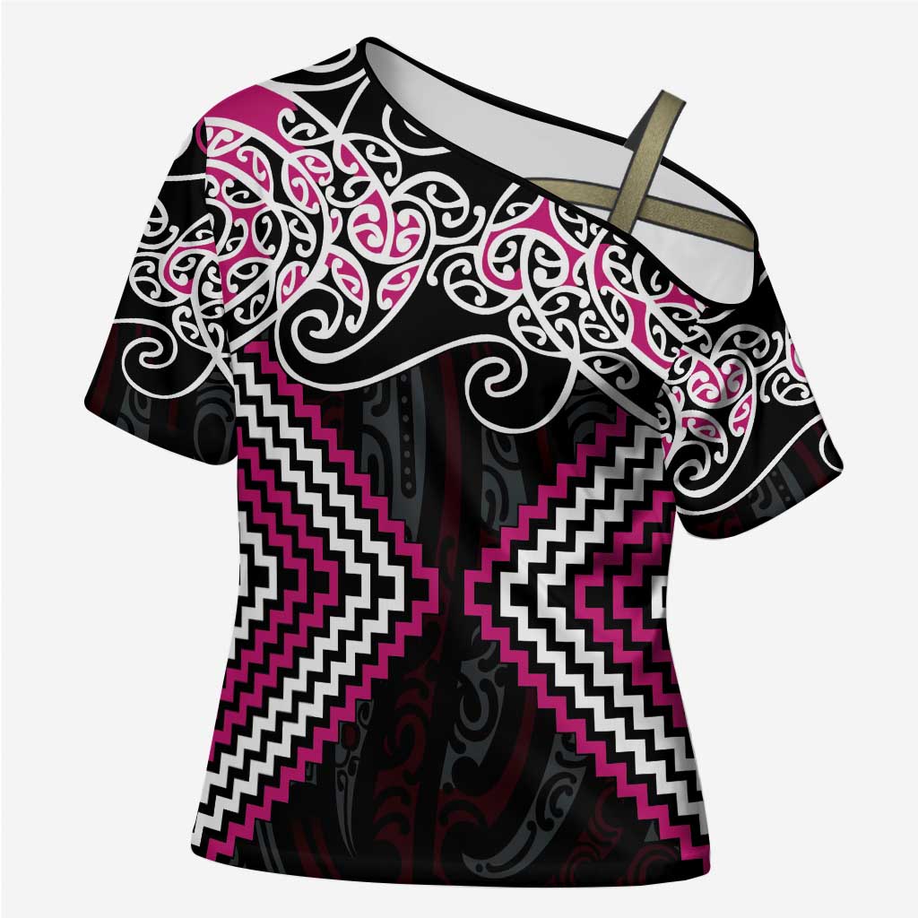 Pink Aotearoa Tukutuku Manawa Tapu Cross Shoulder Shirt Ta Moko Toi Maori - Aussie Hoodie