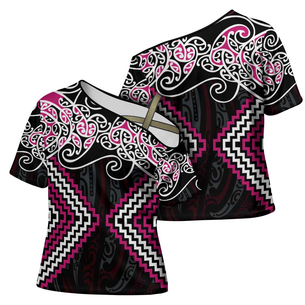 Pink Aotearoa Tukutuku Manawa Tapu Cross Shoulder Shirt Ta Moko Toi Maori - Aussie Hoodie