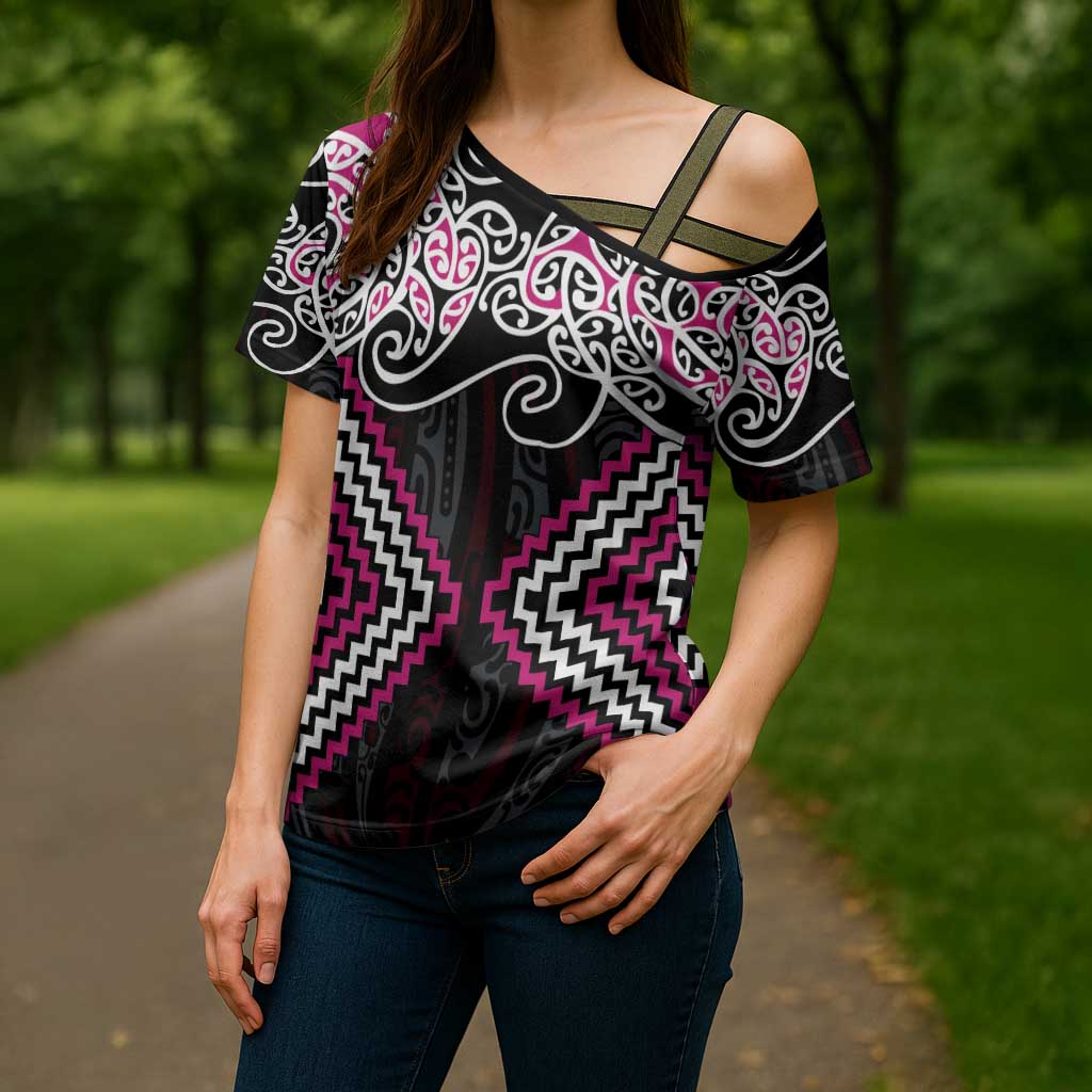 Pink Aotearoa Tukutuku Manawa Tapu Cross Shoulder Shirt Ta Moko Toi Maori - Aussie Hoodie