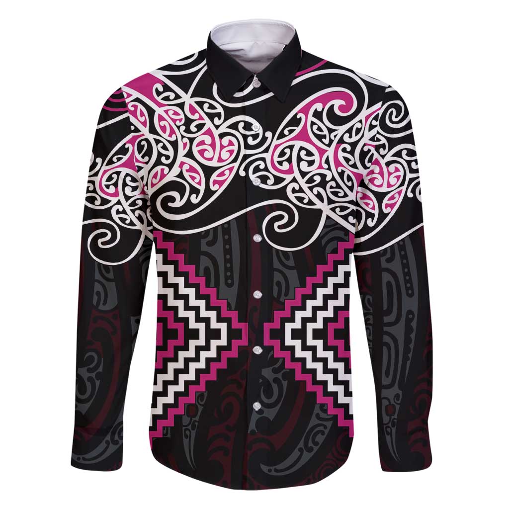 Pink Aotearoa Tukutuku Manawa Tapu Family Matching Long Sleeve Bodycon Dress and Hawaiian Shirt Ta Moko Toi Maori