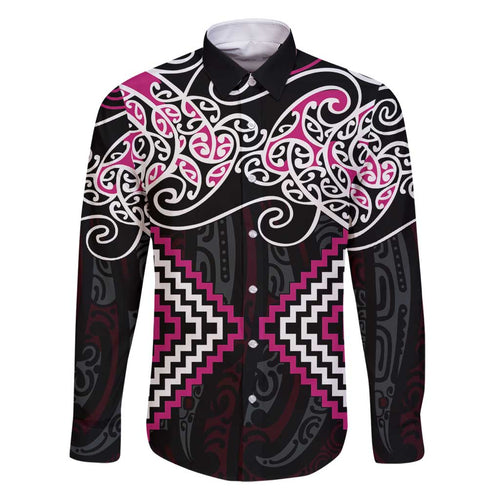Pink Aotearoa Tukutuku Manawa Tapu Family Matching Long Sleeve Bodycon Dress and Hawaiian Shirt Ta Moko Toi Maori