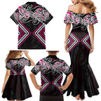 Pink Aotearoa Tukutuku Manawa Tapu Family Matching Mermaid Dress and Hawaiian Shirt Ta Moko Toi Maori
