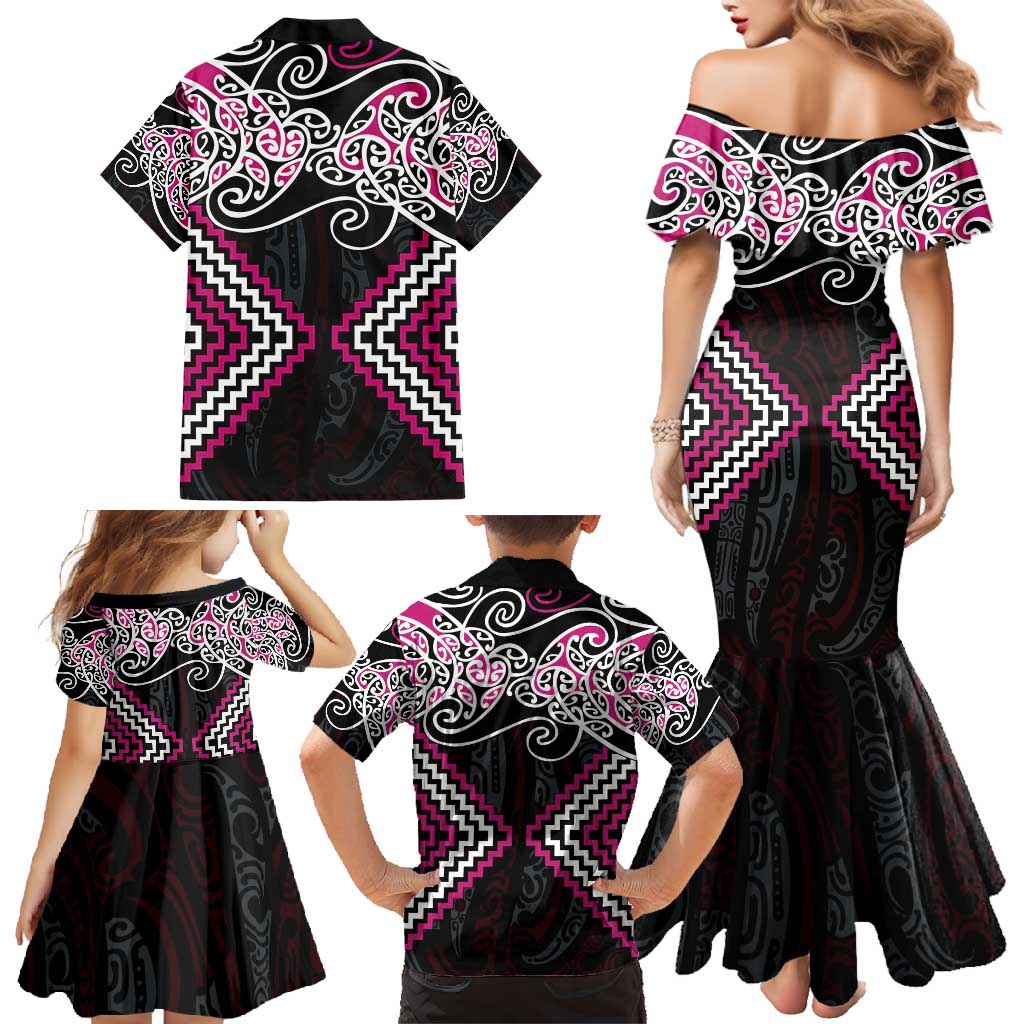 Pink Aotearoa Tukutuku Manawa Tapu Family Matching Mermaid Dress and Hawaiian Shirt Ta Moko Toi Maori