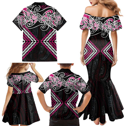 Pink Aotearoa Tukutuku Manawa Tapu Family Matching Mermaid Dress and Hawaiian Shirt Ta Moko Toi Maori