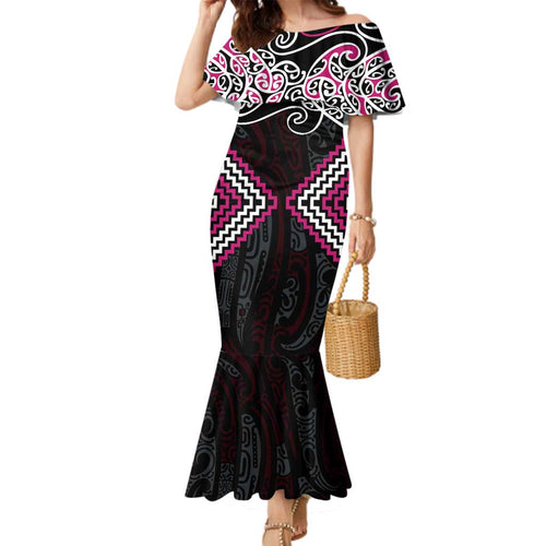 Pink Aotearoa Tukutuku Manawa Tapu Family Matching Mermaid Dress and Hawaiian Shirt Ta Moko Toi Maori