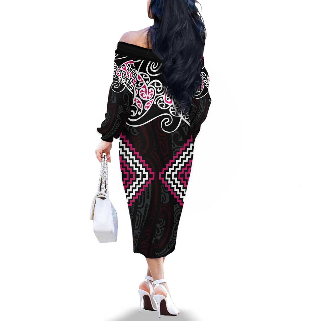 Pink Aotearoa Tukutuku Manawa Tapu Family Matching Off The Shoulder Long Sleeve Dress and Hawaiian Shirt Ta Moko Toi Maori