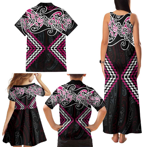 Pink Aotearoa Tukutuku Manawa Tapu Family Matching Tank Maxi Dress and Hawaiian Shirt Ta Moko Toi Maori