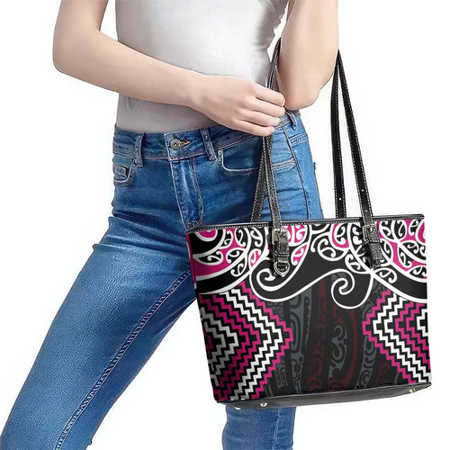 Pink Aotearoa Tukutuku Manawa Tapu Leather Tote Bag Ta Moko Toi Maori