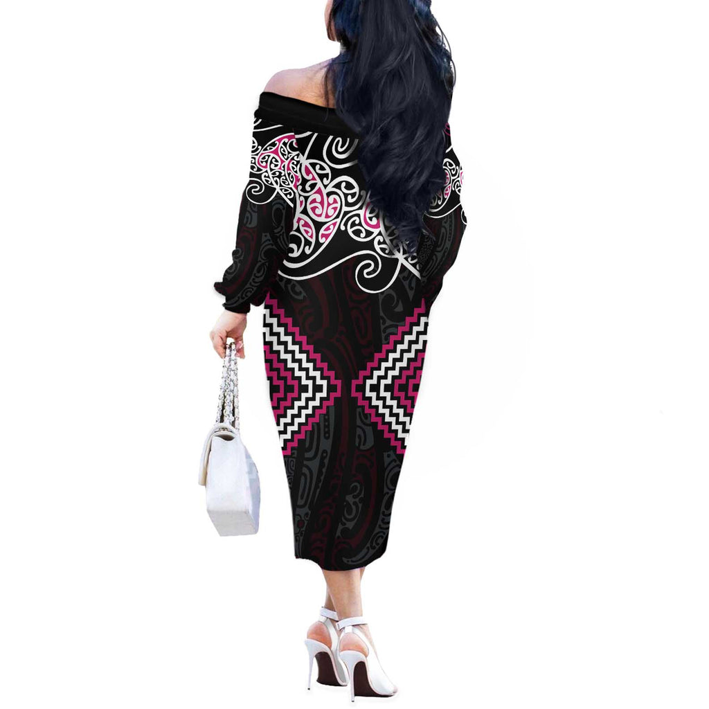 Pink Aotearoa Tukutuku Manawa Tapu Off The Shoulder Long Sleeve Dress Ta Moko Toi Maori