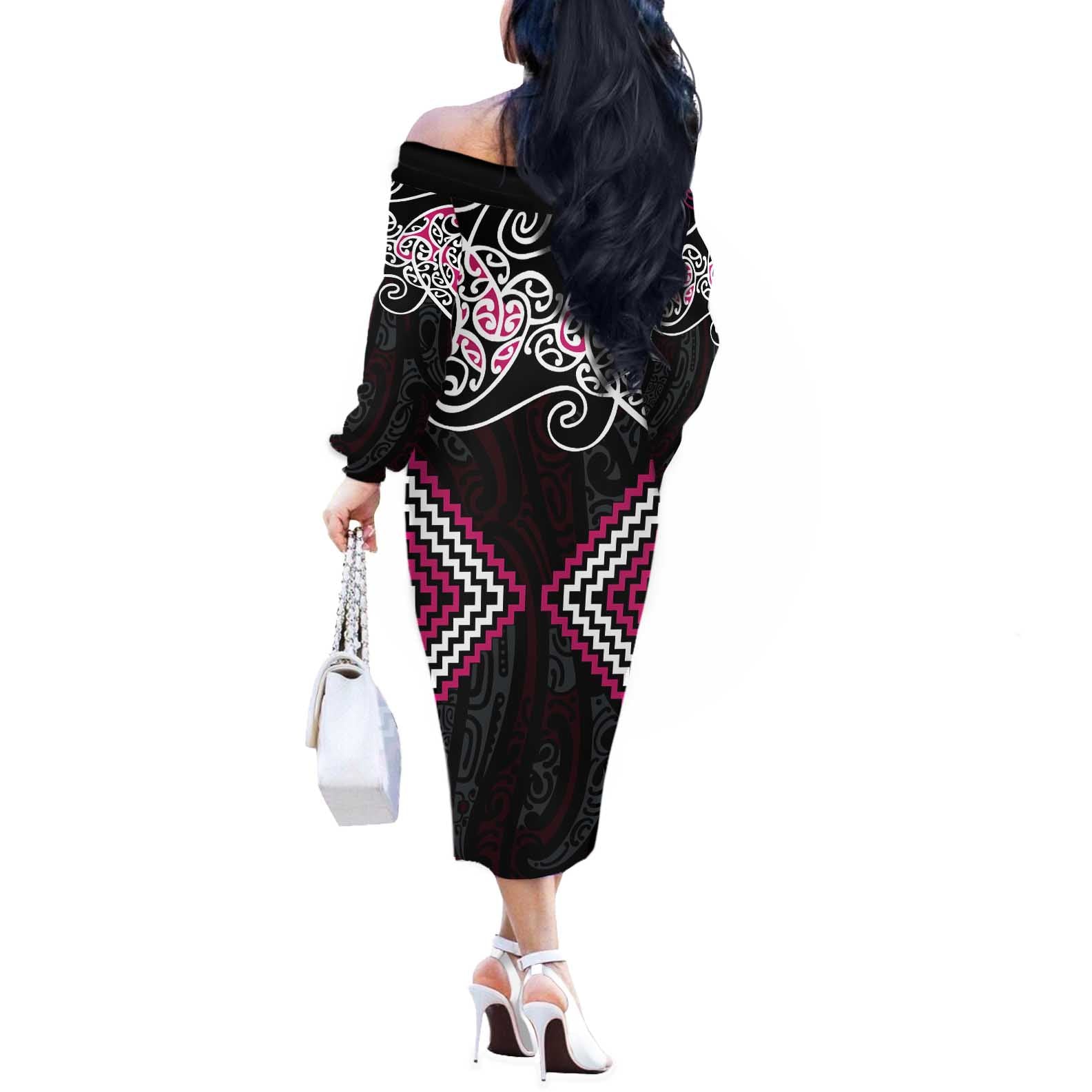 Pink Aotearoa Tukutuku Manawa Tapu Off The Shoulder Long Sleeve Dress Ta Moko Toi Maori
