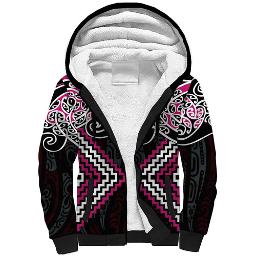 Pink Aotearoa Tukutuku Manawa Tapu Sherpa Hoodie Ta Moko Toi Maori