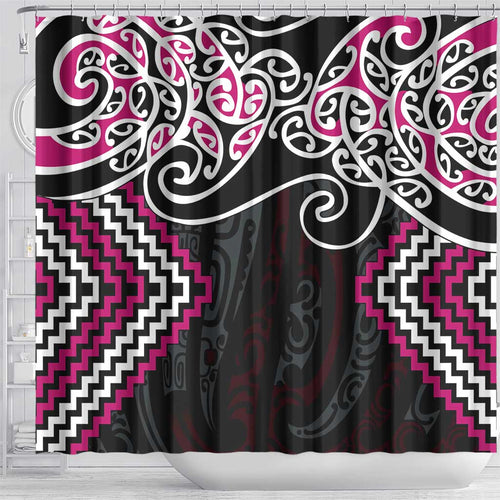 Pink Aotearoa Tukutuku Manawa Tapu Shower Curtain Ta Moko Toi Maori