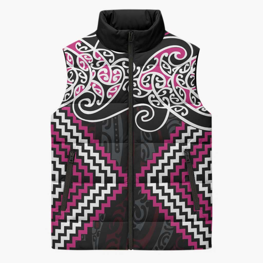 Pink Aotearoa Tukutuku Manawa Tapu Sleeveless Puffer Jacket Ta Moko Toi Maori - Aussie Hoodie