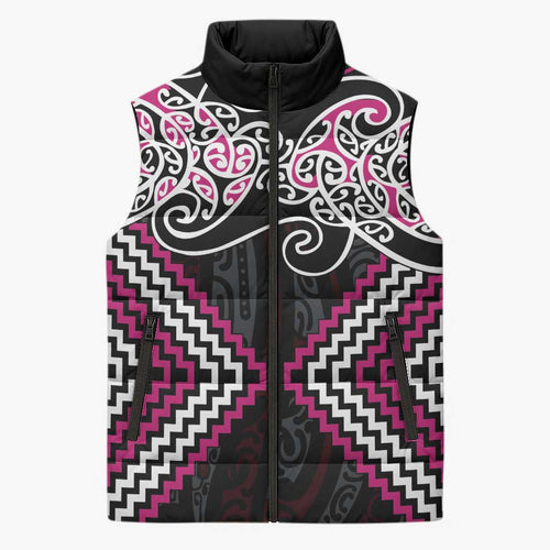 Pink Aotearoa Tukutuku Manawa Tapu Sleeveless Puffer Jacket Ta Moko Toi Maori - Aussie Hoodie