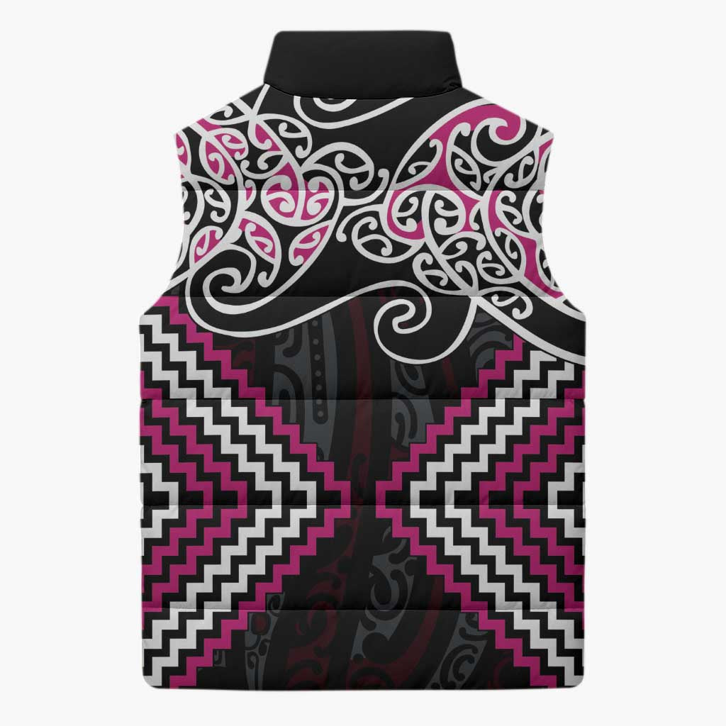 Pink Aotearoa Tukutuku Manawa Tapu Sleeveless Puffer Jacket Ta Moko Toi Maori - Aussie Hoodie