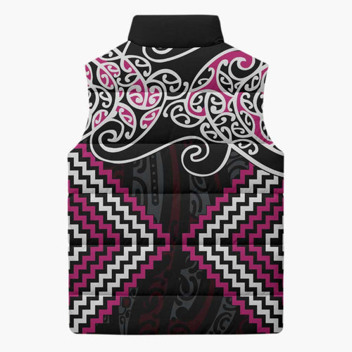 Pink Aotearoa Tukutuku Manawa Tapu Sleeveless Puffer Jacket Ta Moko Toi Maori - Aussie Hoodie