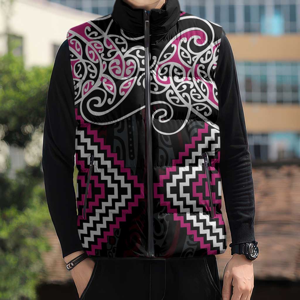 Pink Aotearoa Tukutuku Manawa Tapu Sleeveless Puffer Jacket Ta Moko Toi Maori - Aussie Hoodie