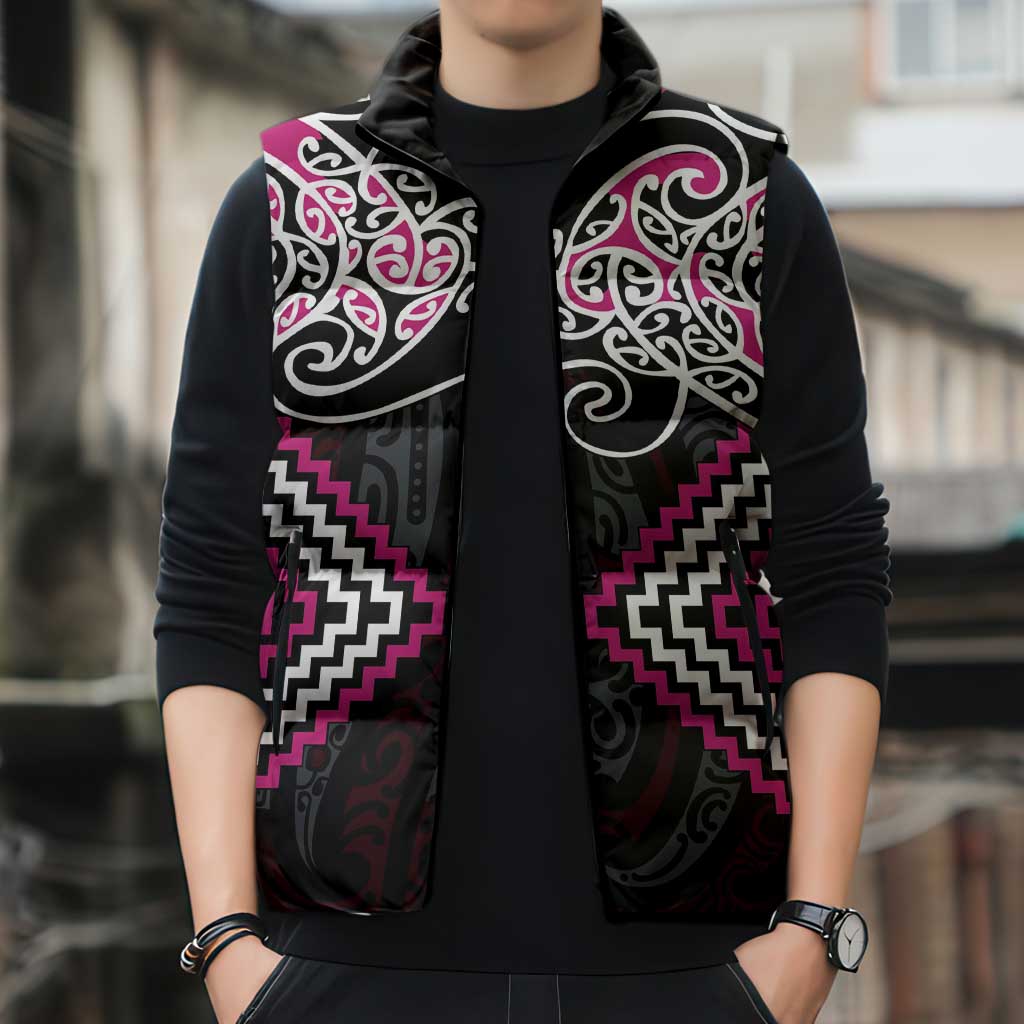 Pink Aotearoa Tukutuku Manawa Tapu Sleeveless Puffer Jacket Ta Moko Toi Maori - Aussie Hoodie
