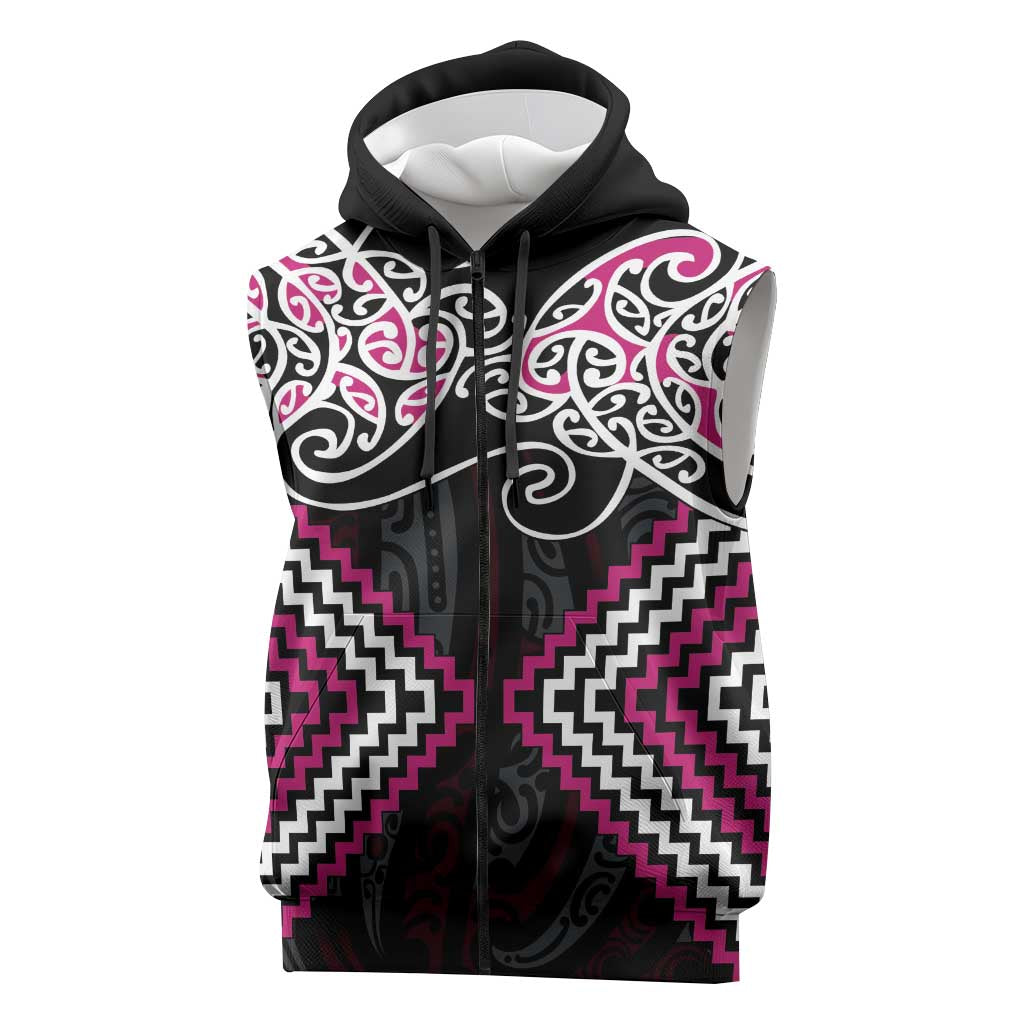 Pink Aotearoa Tukutuku Manawa Tapu Sleeveless Zip Hoodie Ta Moko Toi Maori LT9