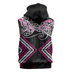Pink Aotearoa Tukutuku Manawa Tapu Sleeveless Zip Hoodie Ta Moko Toi Maori LT9
