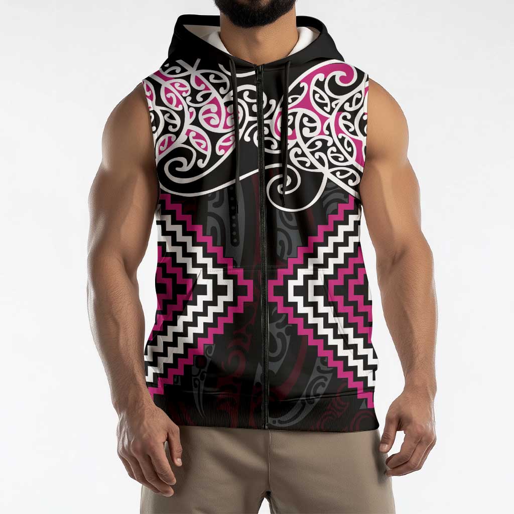 Pink Aotearoa Tukutuku Manawa Tapu Sleeveless Zip Hoodie Ta Moko Toi Maori LT9