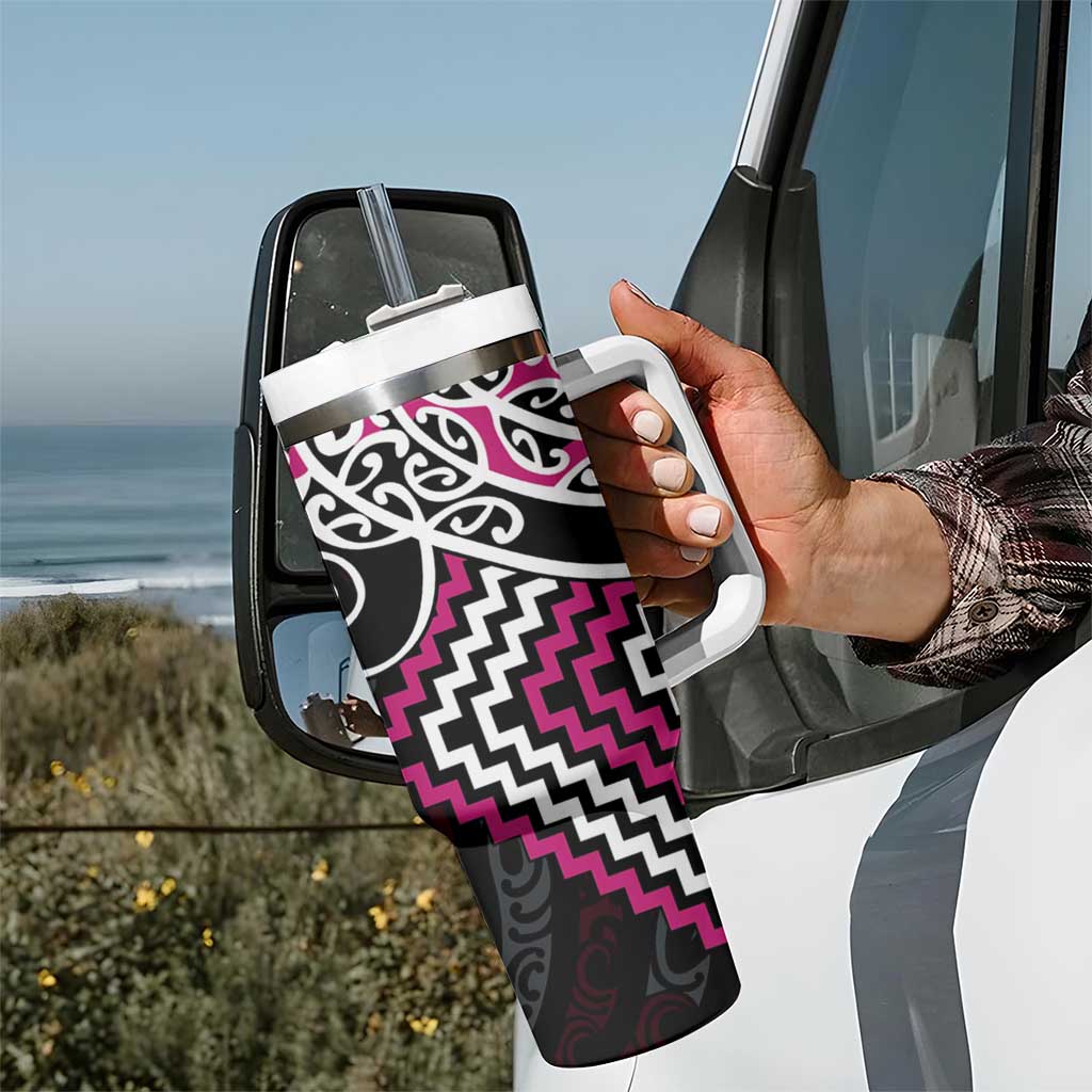 Pink Aotearoa Tukutuku Manawa Tapu Tumbler With Handle Ta Moko Toi Maori