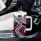 Pink Aotearoa Tukutuku Manawa Tapu Tumbler With Handle Ta Moko Toi Maori