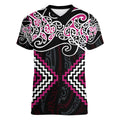 Pink Aotearoa Tukutuku Manawa Tapu Women V-Neck T-Shirt Ta Moko Toi Maori
