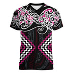 Pink Aotearoa Tukutuku Manawa Tapu Women V-Neck T-Shirt Ta Moko Toi Maori