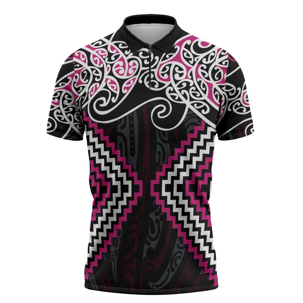 Pink Aotearoa Tukutuku Manawa Tapu Zipper Polo Shirt Ta Moko Toi Maori - Aussie Hoodie