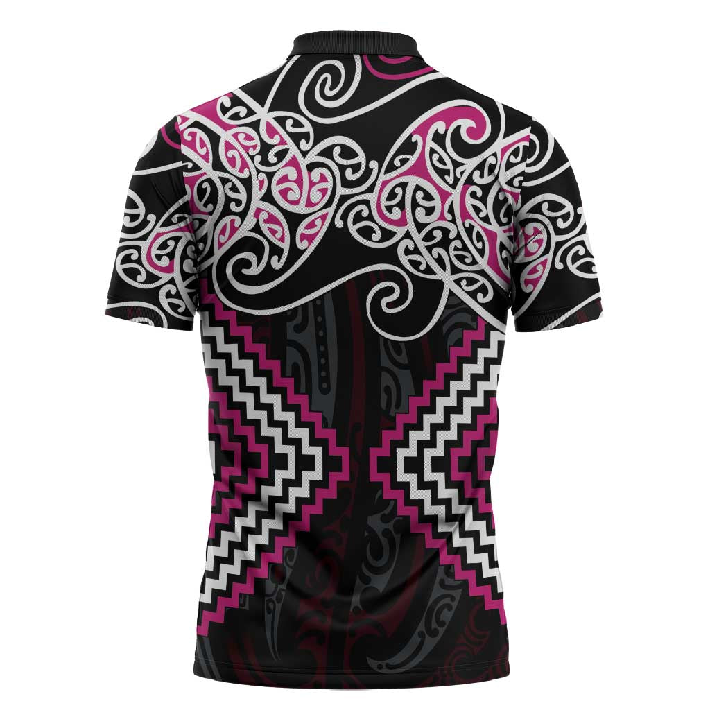 Pink Aotearoa Tukutuku Manawa Tapu Zipper Polo Shirt Ta Moko Toi Maori - Aussie Hoodie