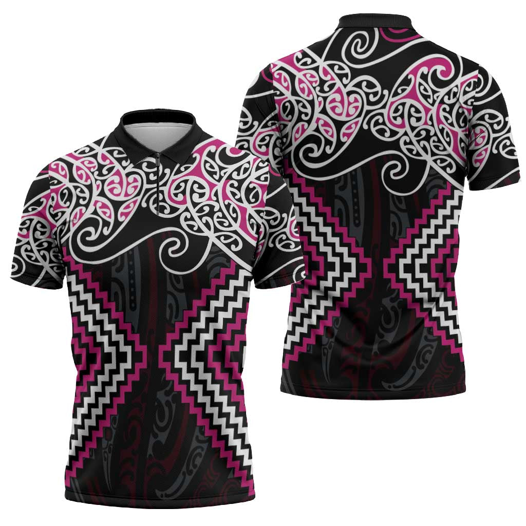 Pink Aotearoa Tukutuku Manawa Tapu Zipper Polo Shirt Ta Moko Toi Maori - Aussie Hoodie