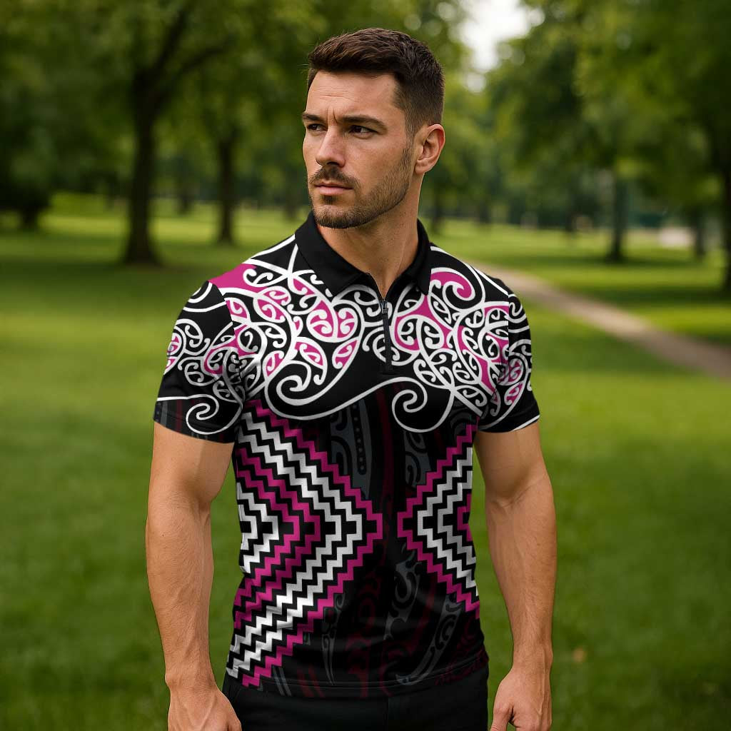 Pink Aotearoa Tukutuku Manawa Tapu Zipper Polo Shirt Ta Moko Toi Maori - Aussie Hoodie
