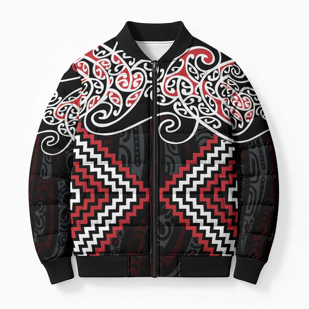 Red Aotearoa Tukutuku Manawa Tapu Bomber Puffer Jacket Ta Moko Toi Maori - Aussie Hoodie