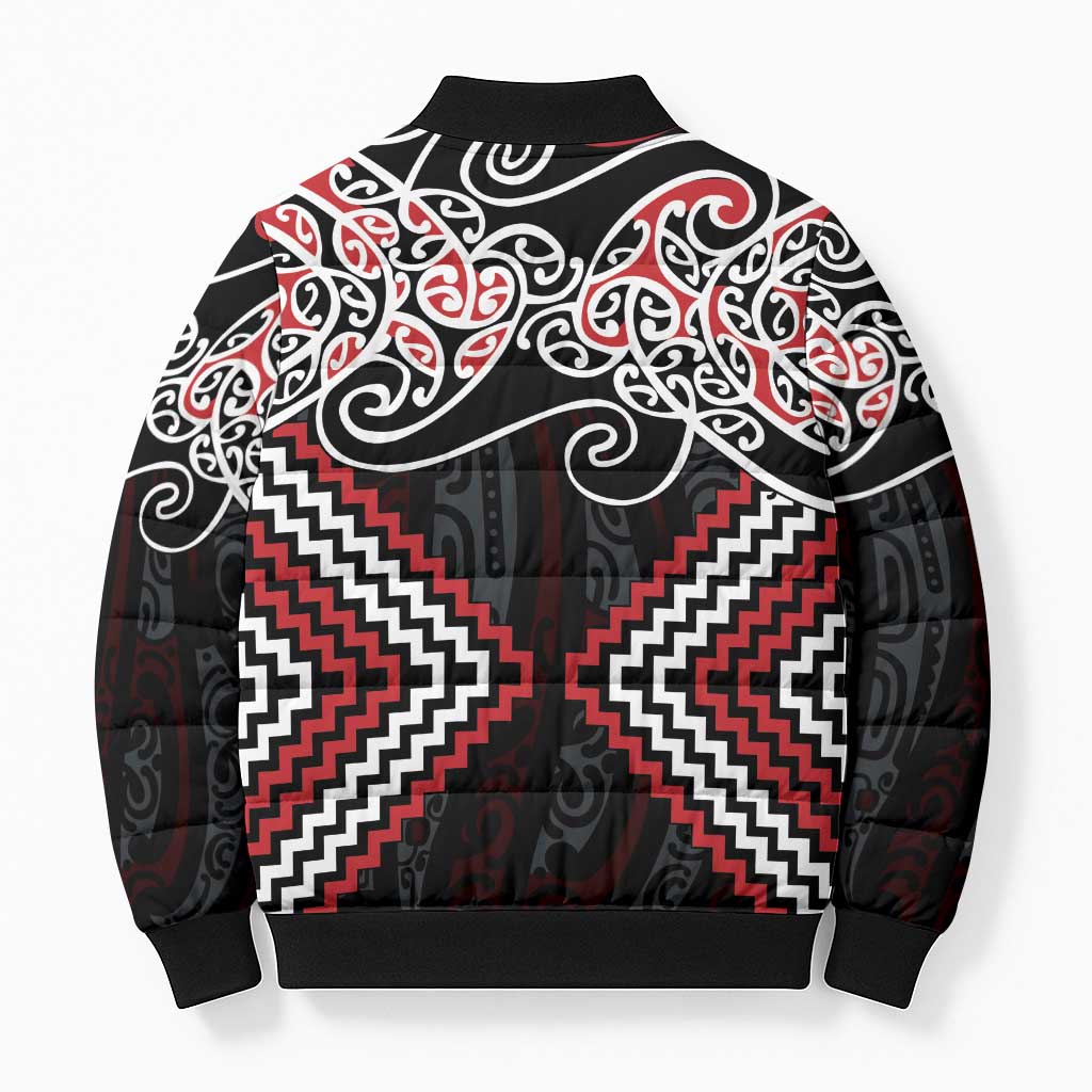Red Aotearoa Tukutuku Manawa Tapu Bomber Puffer Jacket Ta Moko Toi Maori - Aussie Hoodie