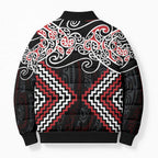 Red Aotearoa Tukutuku Manawa Tapu Bomber Puffer Jacket Ta Moko Toi Maori - Aussie Hoodie