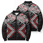 Red Aotearoa Tukutuku Manawa Tapu Bomber Puffer Jacket Ta Moko Toi Maori - Aussie Hoodie