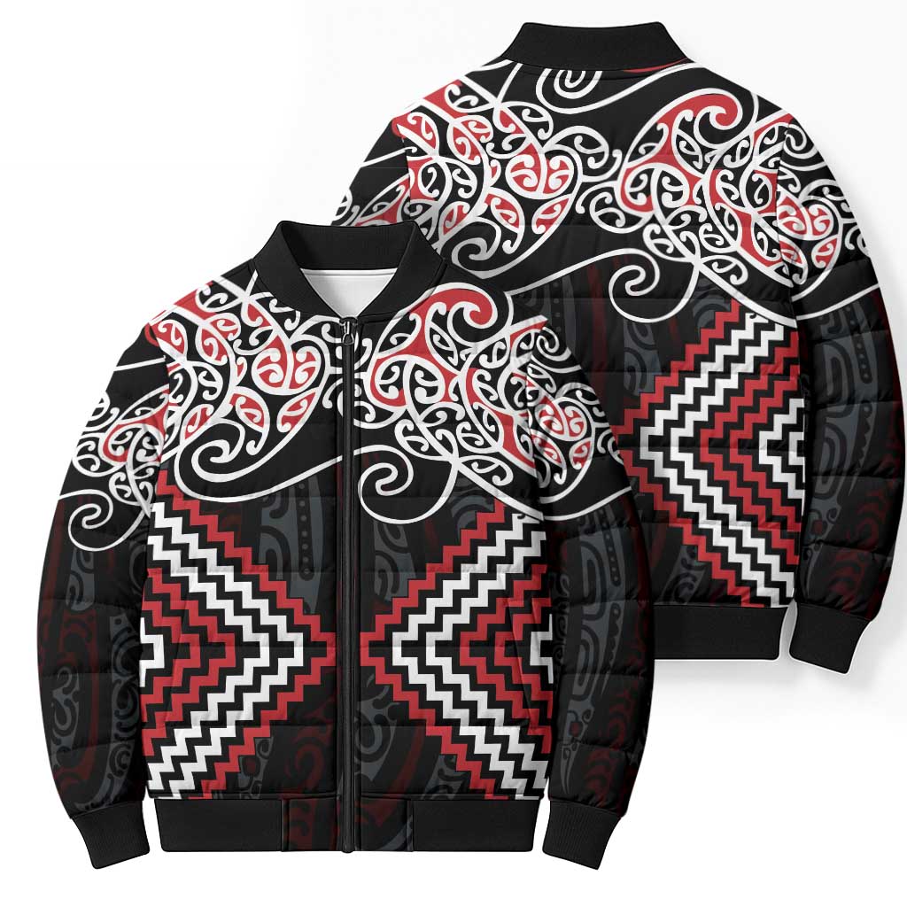 Red Aotearoa Tukutuku Manawa Tapu Bomber Puffer Jacket Ta Moko Toi Maori - Aussie Hoodie