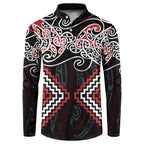 Red Aotearoa Tukutuku Manawa Tapu Button Sweatshirt Ta Moko Toi Maori