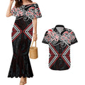 Red Aotearoa Tukutuku Manawa Tapu Couples Matching Mermaid Dress and Hawaiian Shirt Ta Moko Toi Maori