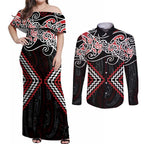 Red Aotearoa Tukutuku Manawa Tapu Couples Matching Off Shoulder Maxi Dress and Long Sleeve Button Shirt Ta Moko Toi Maori