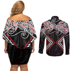 Red Aotearoa Tukutuku Manawa Tapu Couples Matching Off Shoulder Short Dress and Long Sleeve Button Shirt Ta Moko Toi Maori