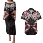 Red Aotearoa Tukutuku Manawa Tapu Couples Matching Puletasi and Hawaiian Shirt Ta Moko Toi Maori