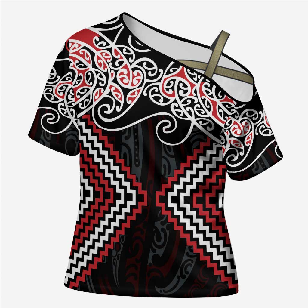 Red Aotearoa Tukutuku Manawa Tapu Cross Shoulder Shirt Ta Moko Toi Maori - Aussie Hoodie